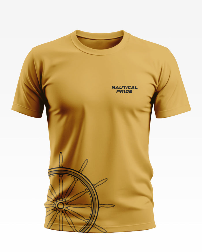 Yellow men's t-shirt with 'Nautical Pride' text and ship wheel graphic, army-inspired style