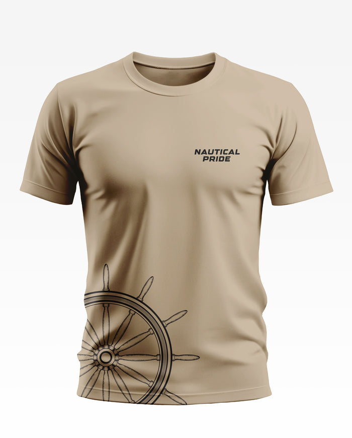 Beige men's t-shirt with 'Nautical Pride' text and ship wheel graphic, short sleeves