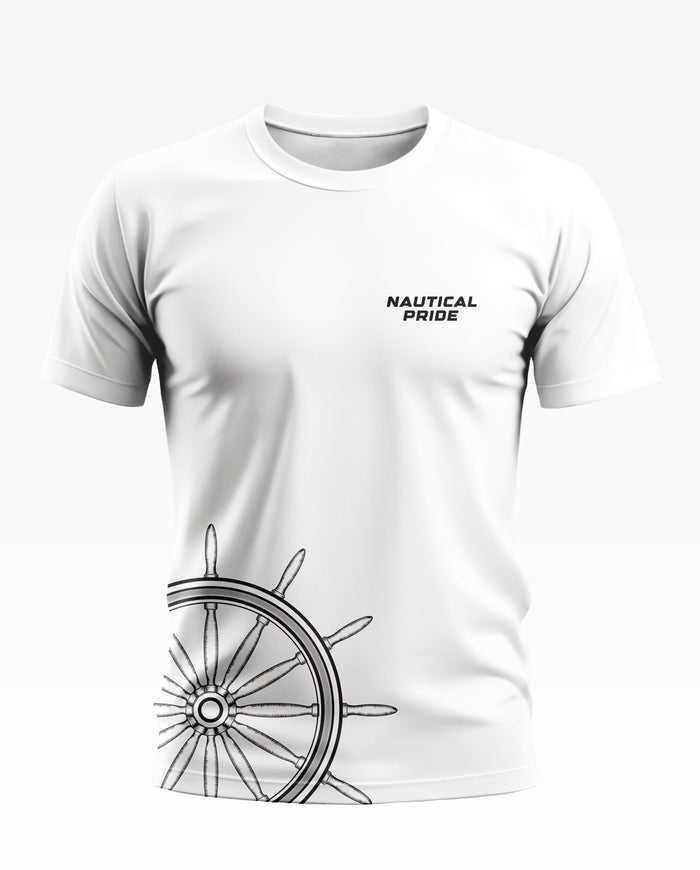 White men's t-shirt with 'Nautical Pride' text and ship wheel graphic, crew neck, short sleeves.