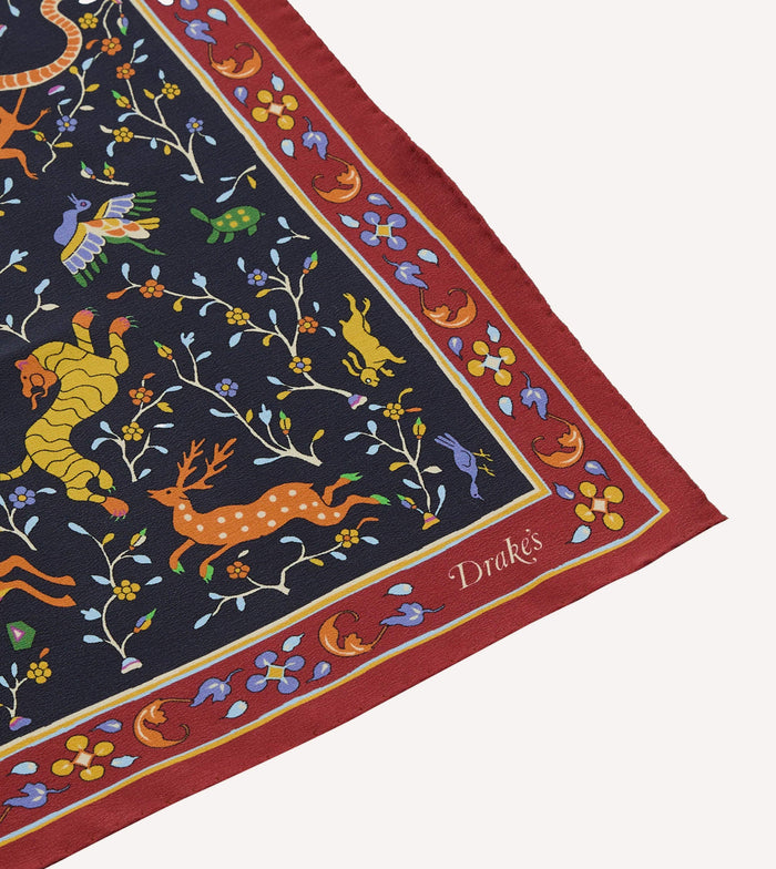 Navy Animals and Flowers Print Silk Bandana