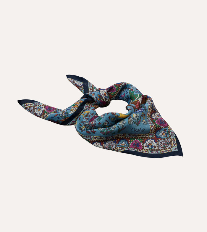 Navy Floral Mughal Print Wool-Silk Bandana