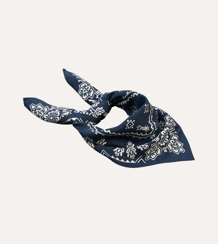 Navy Traditional Print Silk Bandana