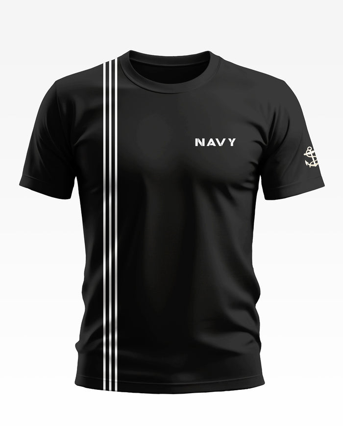 Black men's t-shirt with 'Navy' text, triple white stripes, anchor sleeve print, army style