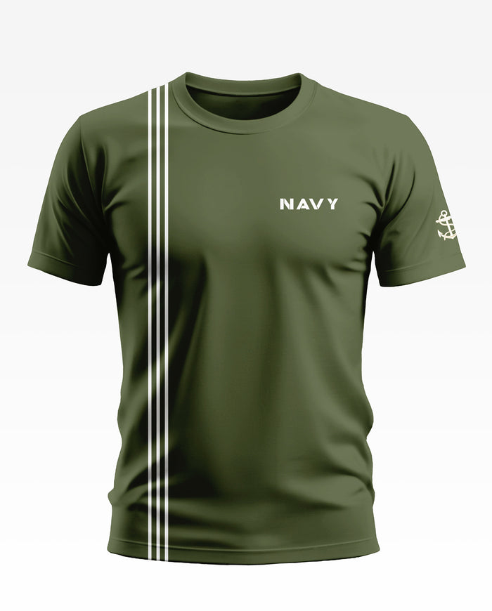 Olive green men's t-shirt with NAVY text, white stripes, and anchor graphic on sleeve