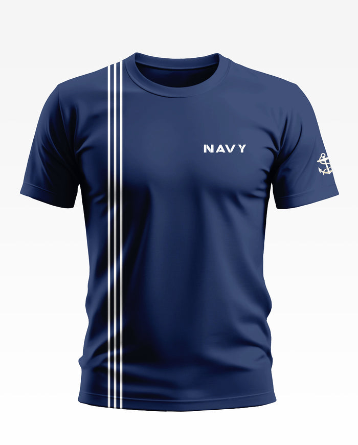 Navy blue men's t-shirt with white NAVY text, anchor sleeve print, and vertical stripes