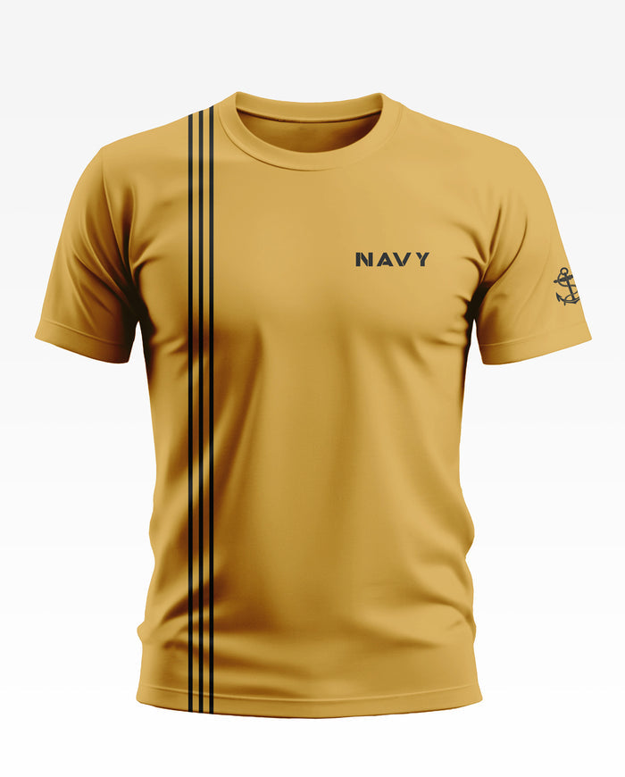 Yellow men's t-shirt with NAVY text, anchor sleeve print, and black vertical stripes