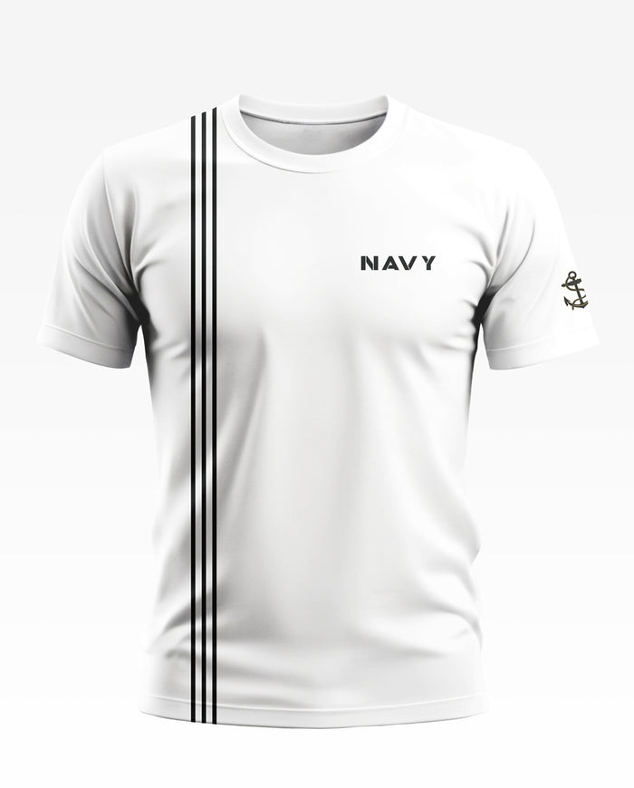 White men’s t-shirt with NAVY text, vertical black stripes, and anchor emblem on sleeve