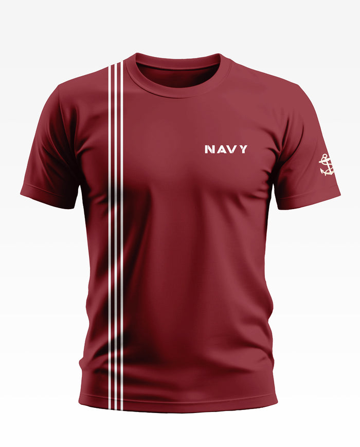 Maroon men's t-shirt with white NAVY text, anchor graphic, and vertical white stripes