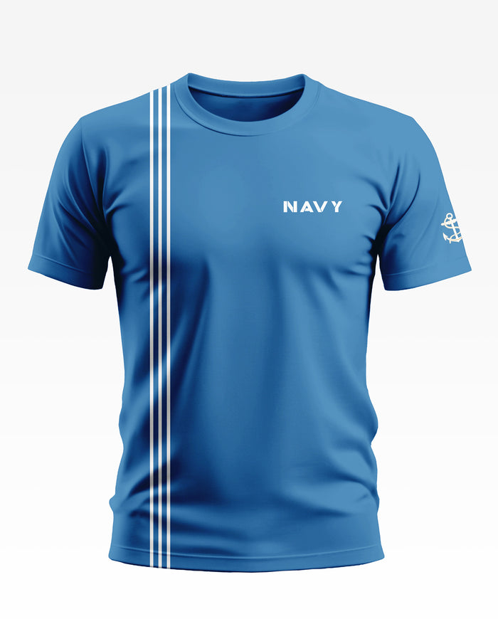 Blue men's t-shirt with 'NAVY' text, white stripes, and anchor graphic on sleeve