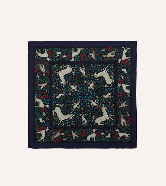 Navy Unicorn Print Wool-Silk Bandana