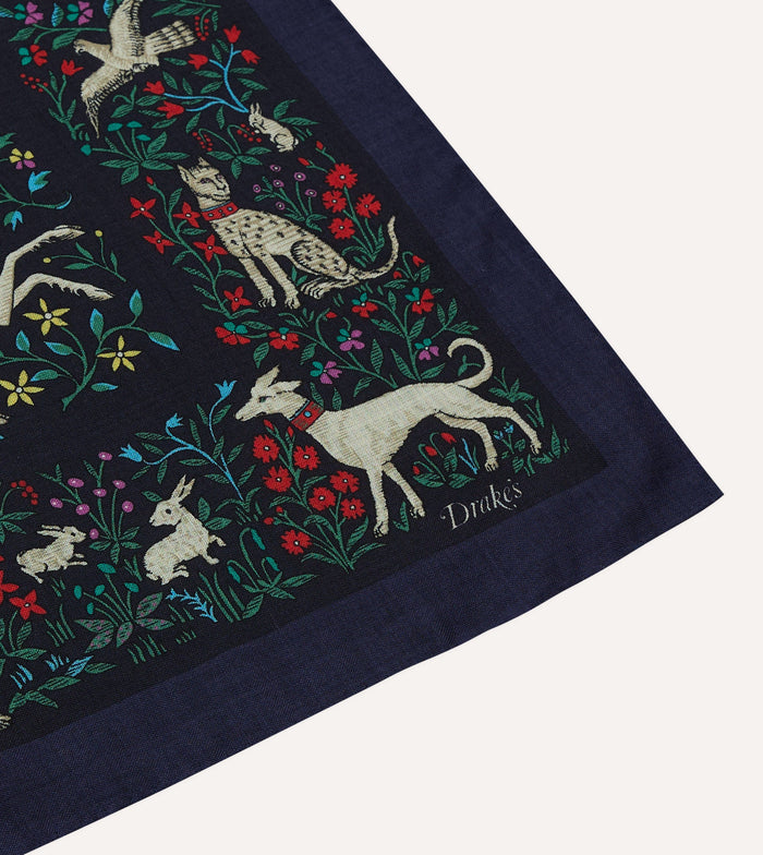 Navy Unicorn Print Wool-Silk Bandana