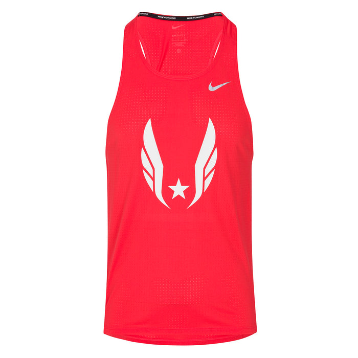 Red tank top with a white logo on a white background