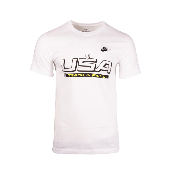 White t-shirt with 'USA Track & Field' text and Nike logo on a white background