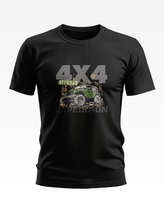 Black men's t-shirt with green 4x4 offroad jeep and expedition adventure graphic print