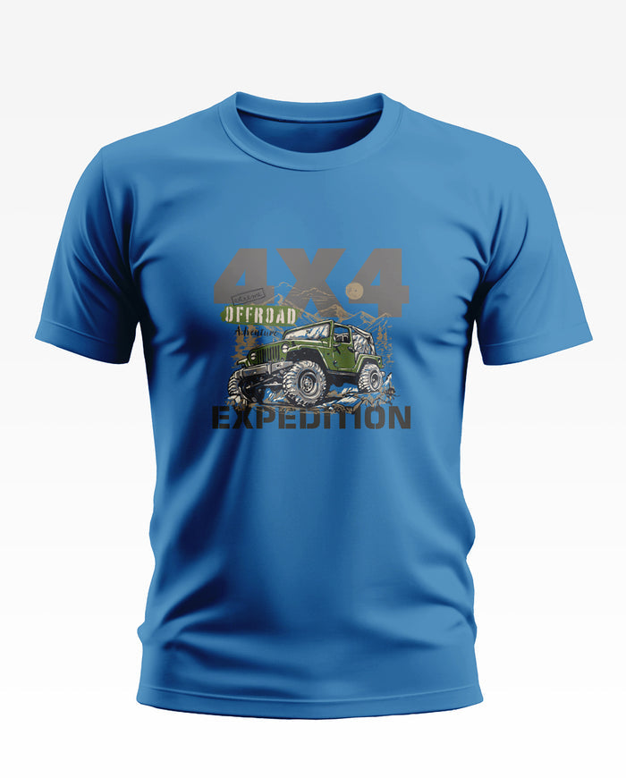 Blue men's t-shirt featuring a green off-road jeep and 4X4 expedition graphic print