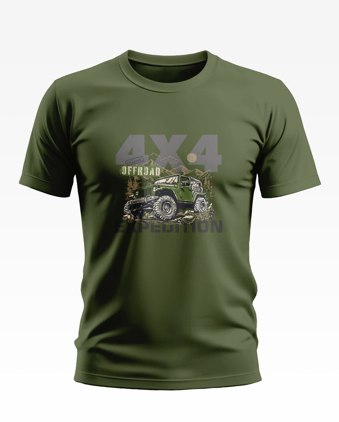 Olive green men's t-shirt with 4x4 offroad expedition jeep graphic print, outdoors style