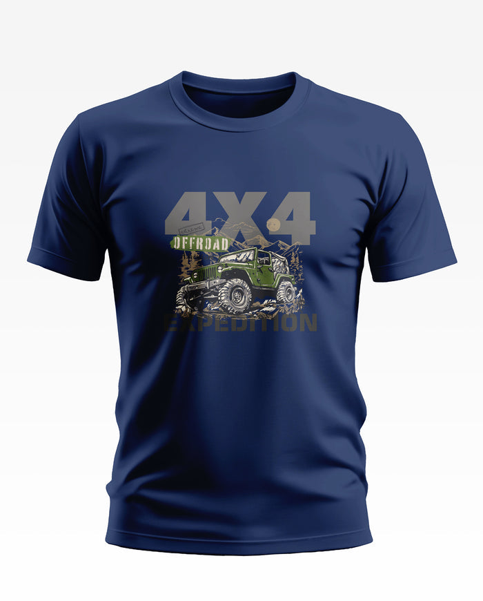 Navy blue men's t-shirt with 4x4 offroad jeep graphic and expedition text on front