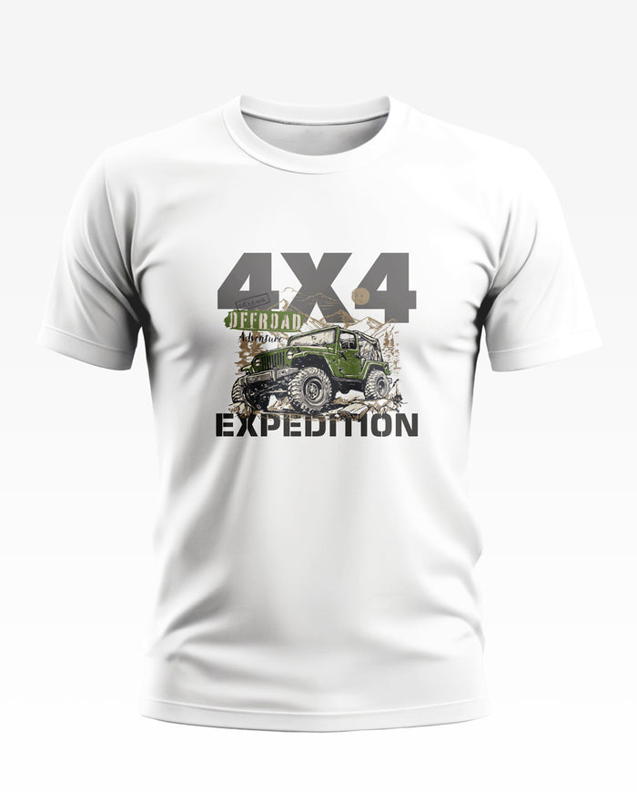 White men's T-shirt with 4x4 off-road expedition jeep graphic and bold text print