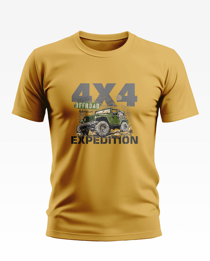 Yellow men's t-shirt featuring a green off-road jeep and '4X4 Expedition' graphic print.