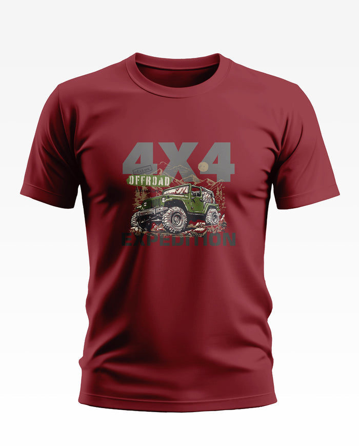Maroon men's t-shirt with green 4x4 offroad jeep and mountain expedition graphic design