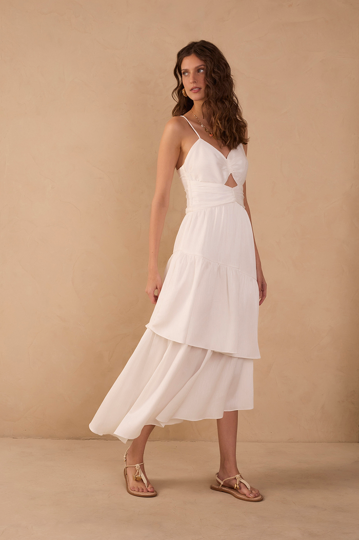 Off-White Ruched Tiered Midi Dress_1