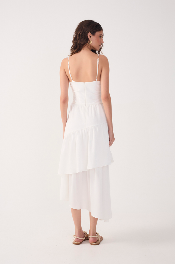 Off-White Ruched Tiered Midi Dress_6