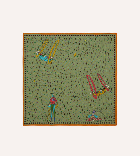 Olive Acrobat Print Wool-Silk Bandana