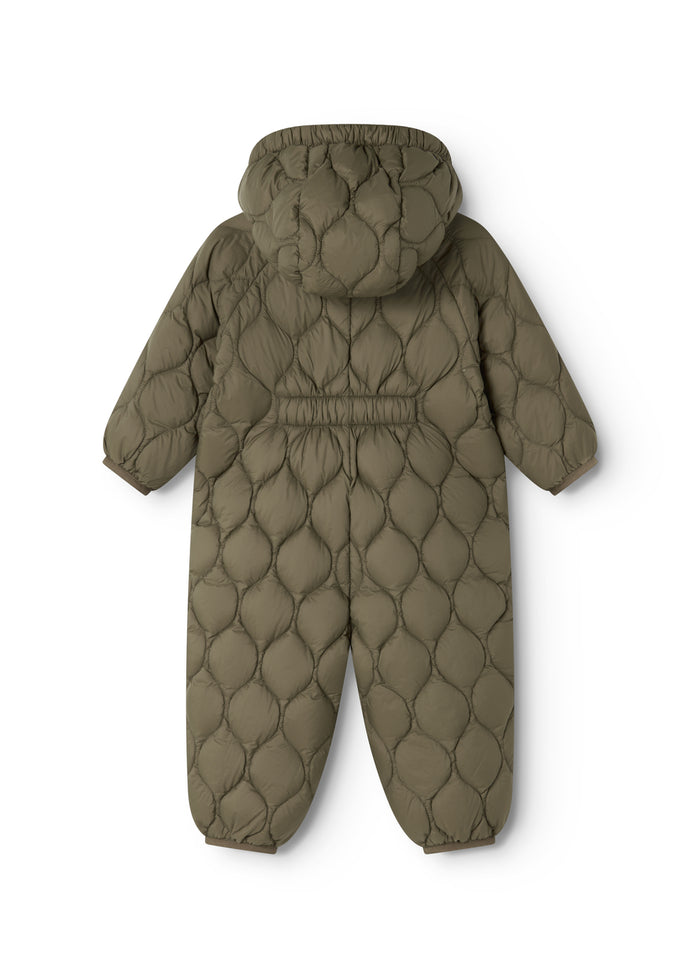 The mother held with hood and animal-like pattern in dark olive, seen from behind.
