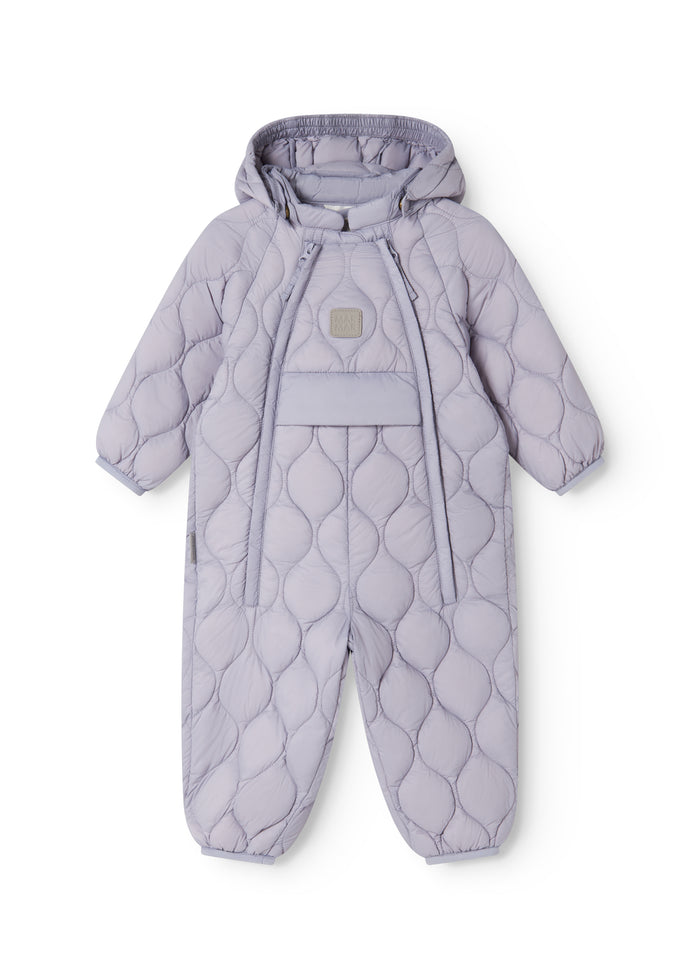 Lavender-colored jumpsuit with hood, quilted surface, and front zipper.