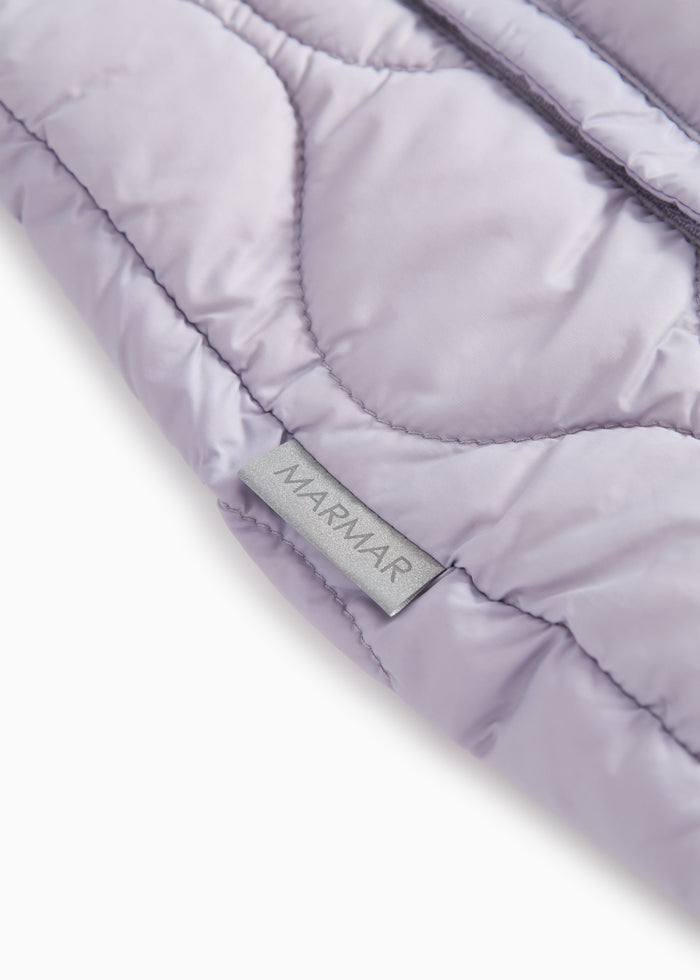 Robe in dried lavender, quilted pattern and stitching with MARMAR logo.