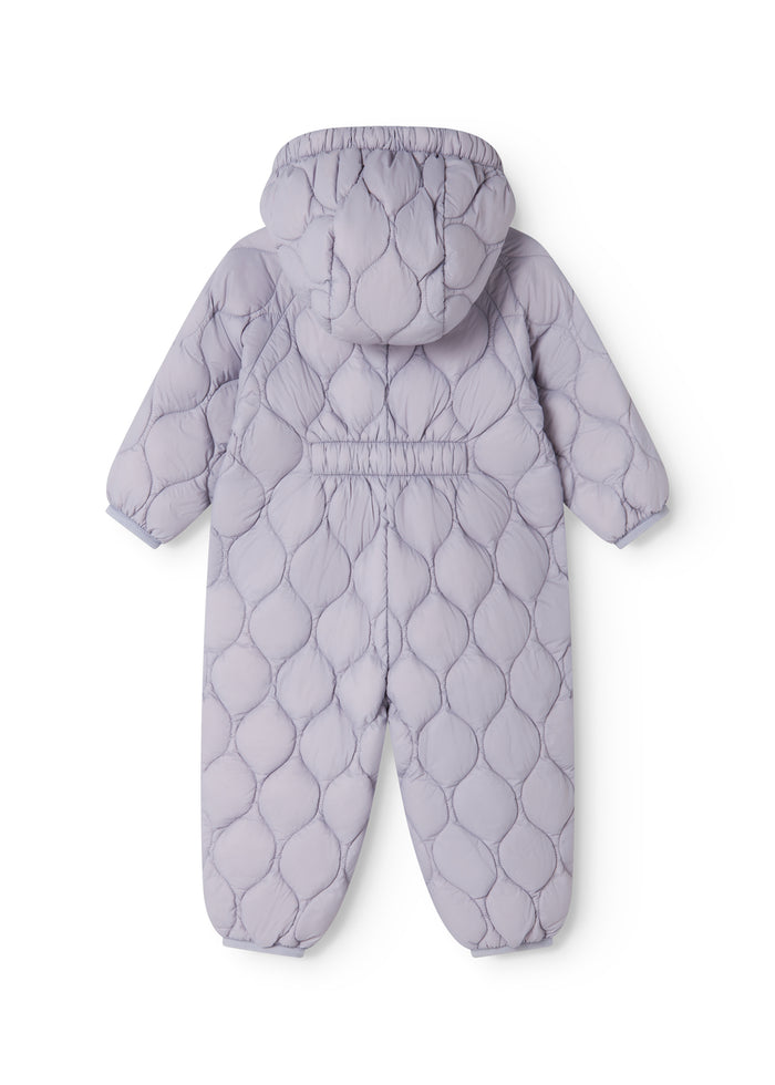 Lavender-colored jumpsuit with hood and quilted fish scale pattern across the entire suit.