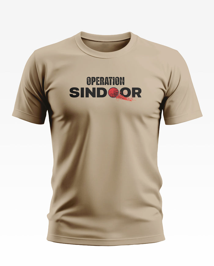 Beige men's t-shirt with 'Operation Sindoor' text and red graphic on front, army style