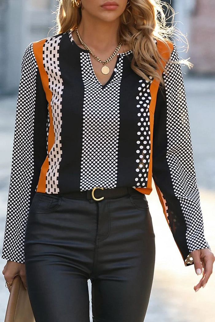 Orange Geo Print Colourblock Notched V Neck Blouse - ORANGE / S / 100% POLYESTER - Tops/Blouses & Shirts