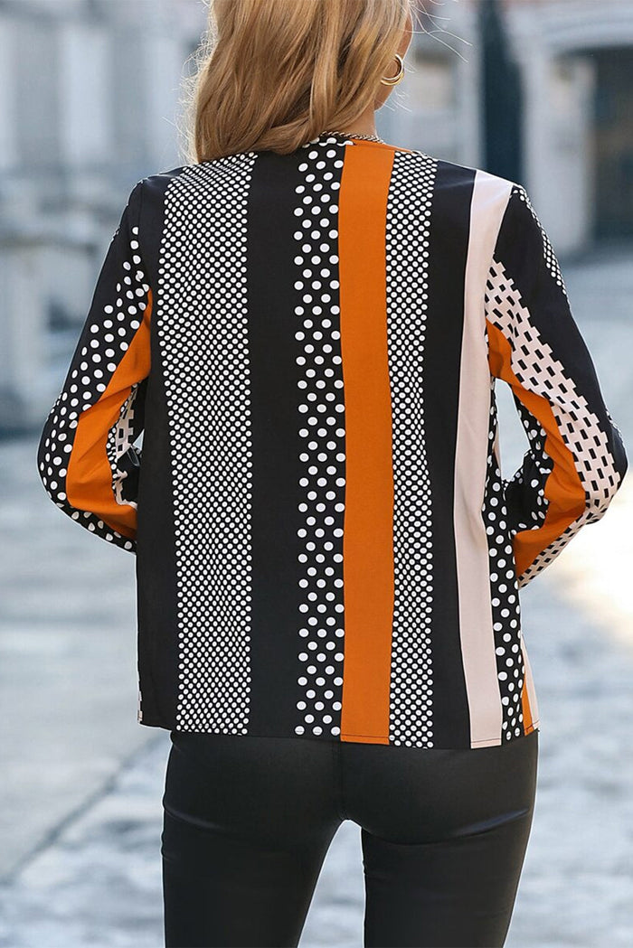 Orange Geo Print Colourblock Notched V Neck Blouse - Tops/Blouses & Shirts