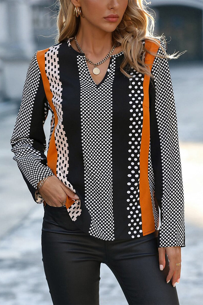 Orange Geo Print Colourblock Notched V Neck Blouse - Tops/Blouses & Shirts