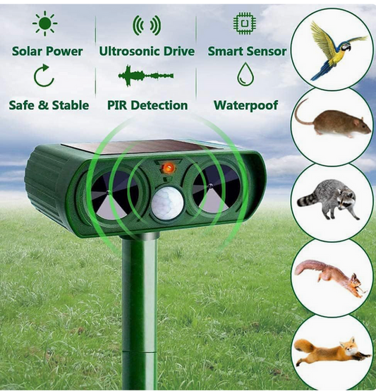 Outdoor LED Light Alarm Ultrasonic Cat Dog Repellant Solar Power Rechargeable