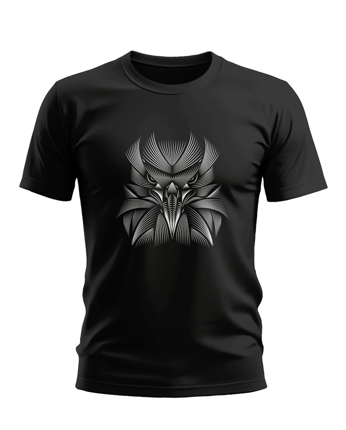 Black men's t-shirt with geometric owl face graphic, stylish modern design