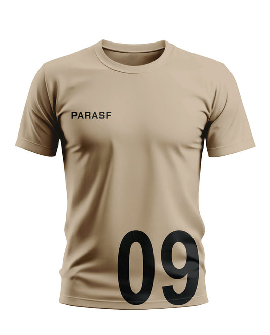 Beige men's t-shirt with PARA SF text and large black 09 number, army-inspired design
