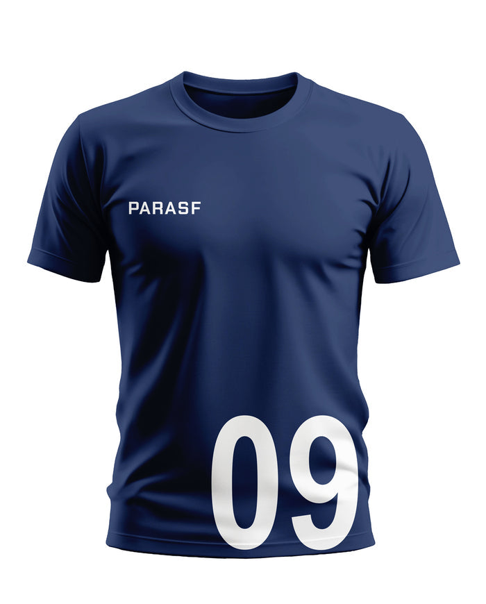 Navy blue men's t-shirt with PARASF text and large white 09 number on front