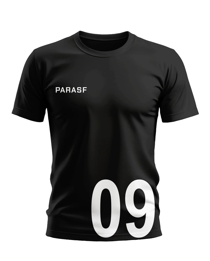 Black men's t-shirt with 'PARASF' text and large '09' number print, short sleeves