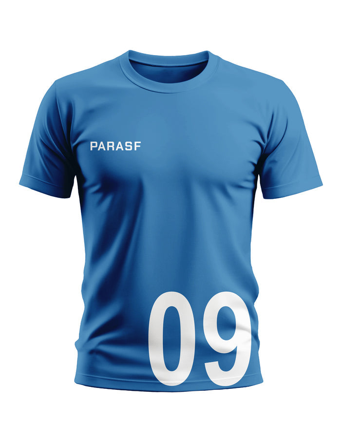 Blue men's t-shirt with PARASF text and large white 09 number on front, short sleeves