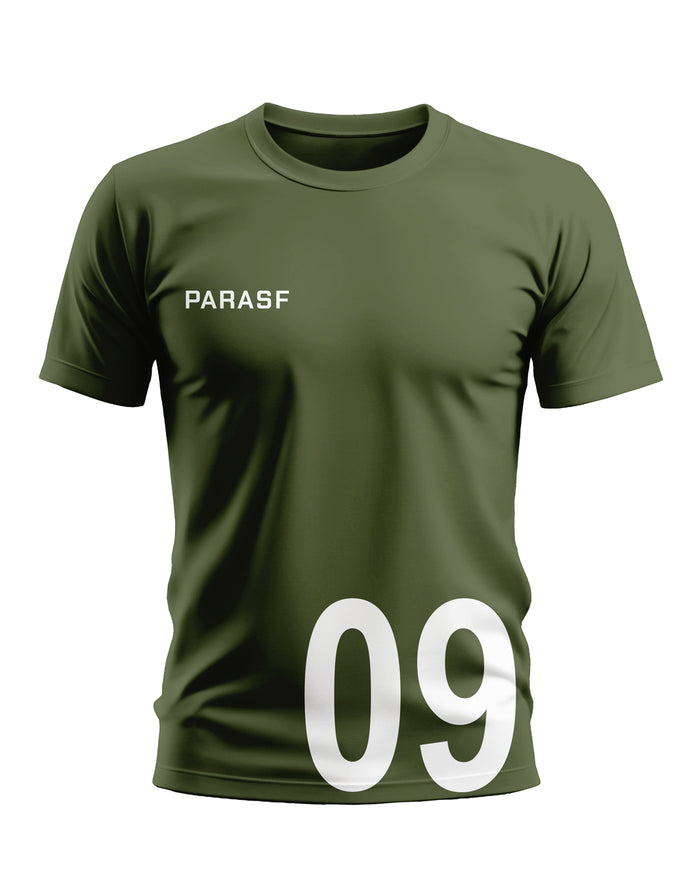 Olive green men's t-shirt with PARASF text and large white number 09 on front