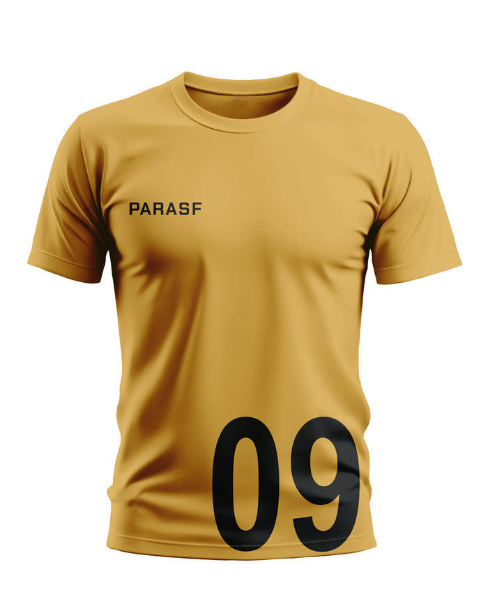 Men's yellow t-shirt with PARASF text and large black 09 number on front