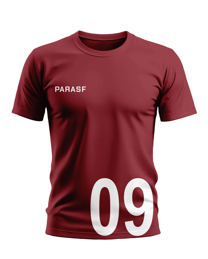 Maroon men's t-shirt with PARASF text and large white number 09 on front