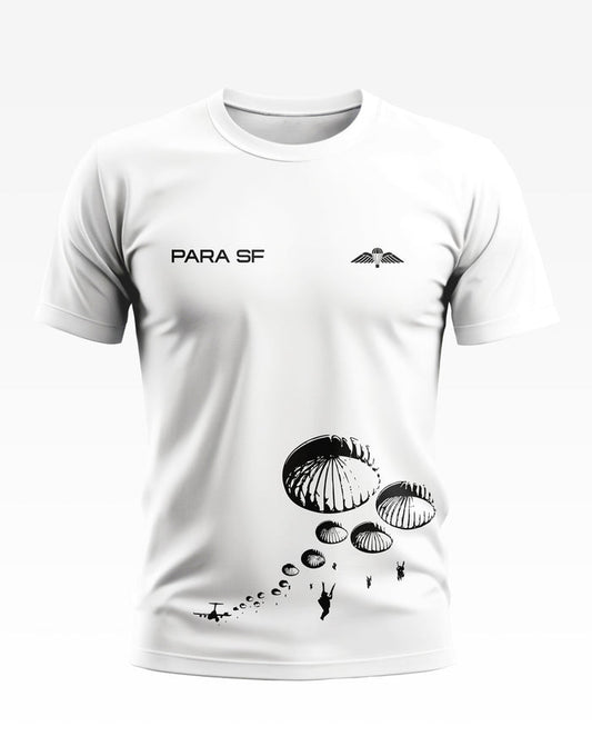 White men's t-shirt with PARA SF text, military wings logo, and black parachute graphic print.
