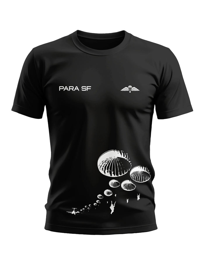 Black PARAS SF t-shirt with white parachute and plane print, men's fashion tee.