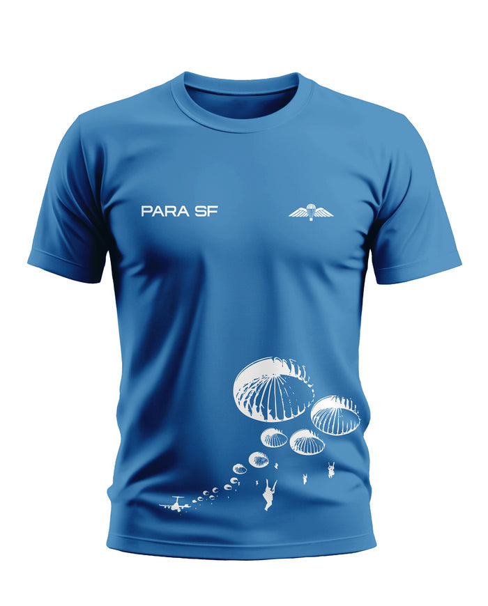 Blue men's t-shirt with PARA SF text, army insignia, and white parachute print design
