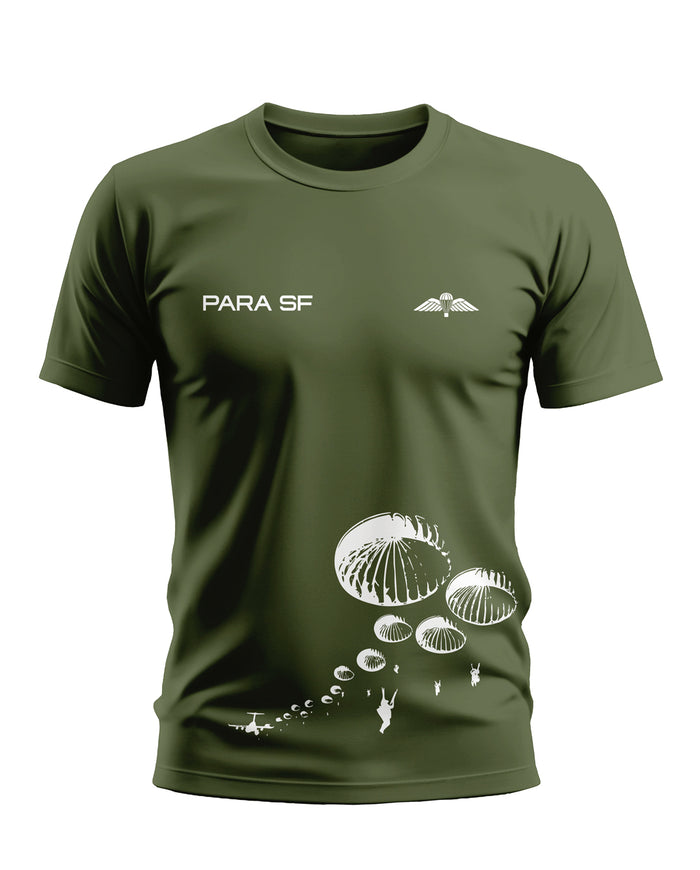 Olive green t-shirt with PARA SF text, army wings logo, and white parachute print.