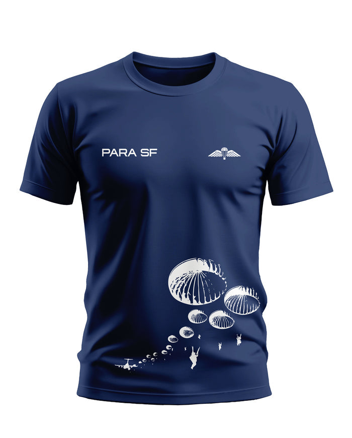 Navy blue men's t-shirt with PARA SF text and white parachute graphic print