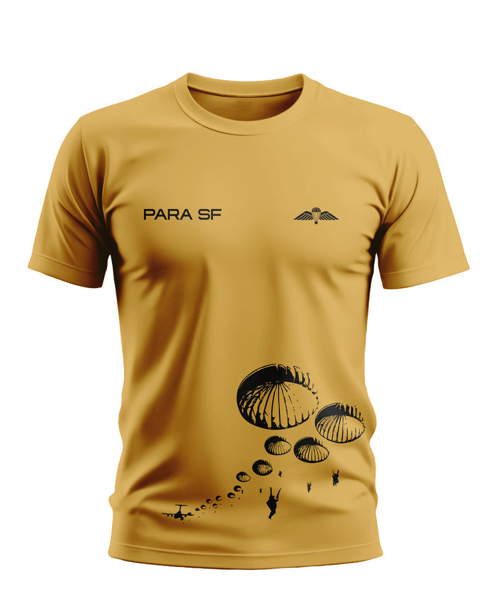 Yellow men's t-shirt with black PARA SF text and parachute graphic, military-inspired design.